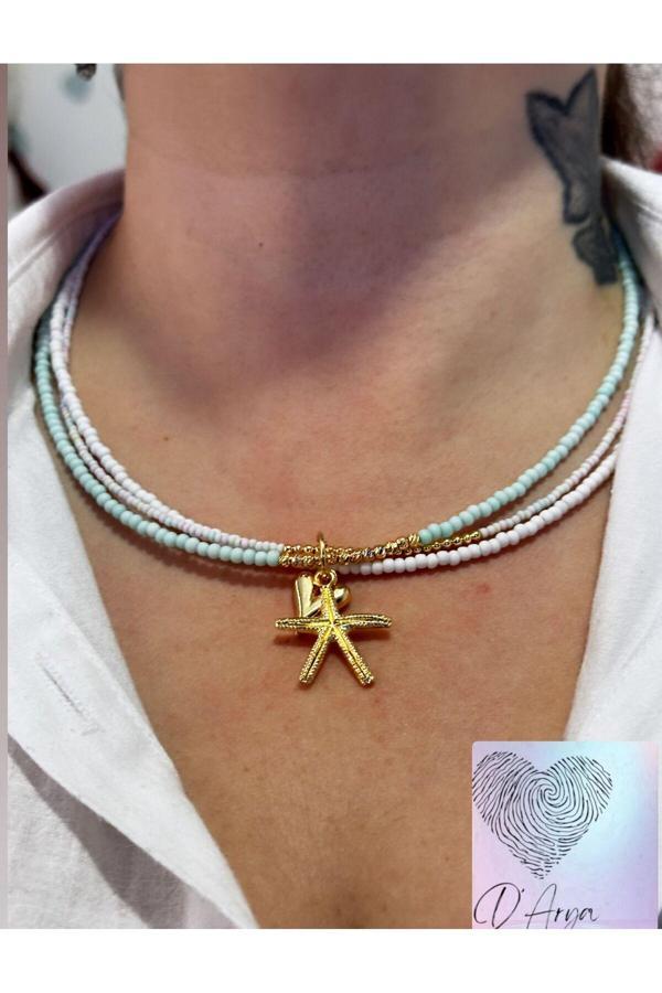 Darya Dd43 Yeşil Beyaz Üçlü Gold Deniz Yıldızı Kalp Charm ‘Lı Katmanlı Tasarım Kolye - Image 1