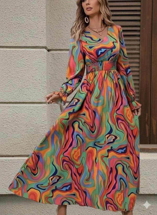 MDB Kadın Uzun Kollu V Yakalı Desenli Maxi Süprem Elbise - Image 1