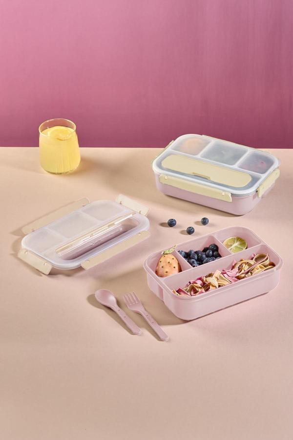 İronika Kaşık Çatallı Lunch Box Sızdırmaz Contalı Kapaklı 4 Bölmeli Beslenme Kabı - Pembe - Image 1