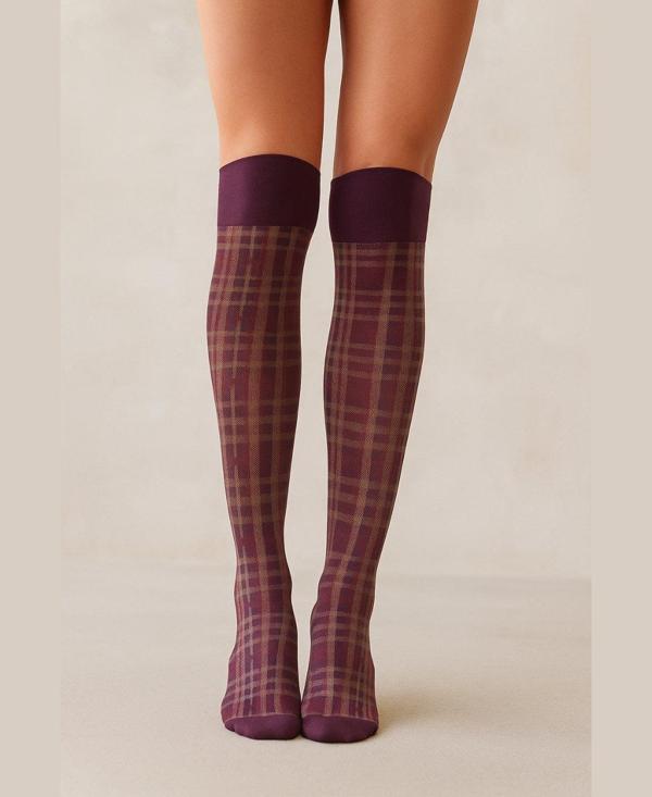 Heidi Bordo/Karadut Ekose Desen Esnek Diz Hizası Pantolon Çorabı - Image 1