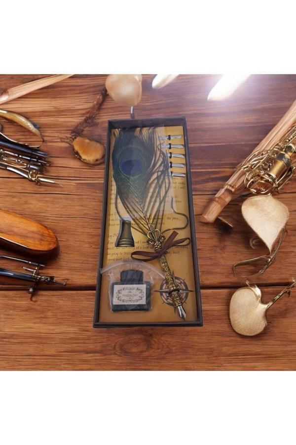 Menuzer Hediyelik Taçlı  Kuş Tüyü Divit Kalem Mürekkep Hokka Seti Orta Boy - Image 1