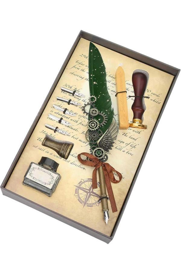 Menuzer Tüylü Kalem Seti, Mekanik Kalem Kanat Gravürlü Ve Yazı Yazmak İçin Tüylü Divit Kalem Seti - Image 1