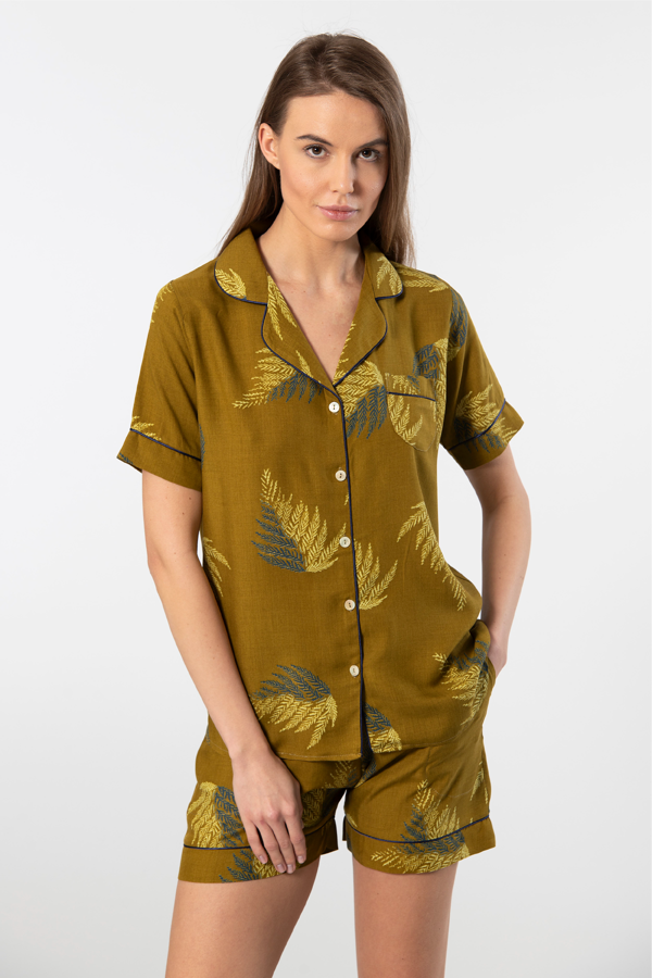 Türen Kadın Desenli Dokuma Şort Pijama Takımı 3605/Haki - Image 1