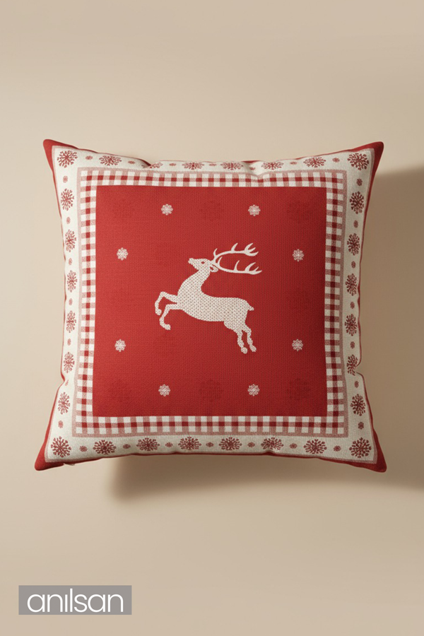 2Adet Geyik Desenli Çift Taraflı Kırlent Kılıfı - 45x45 cm Yılbaşı Dekoratif - Image 1