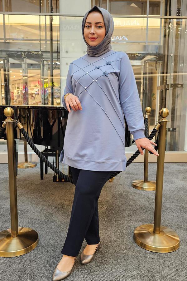 KADIN DİKME VE TAŞ DETAYLI TESETTÜR TUNİK - Image 1