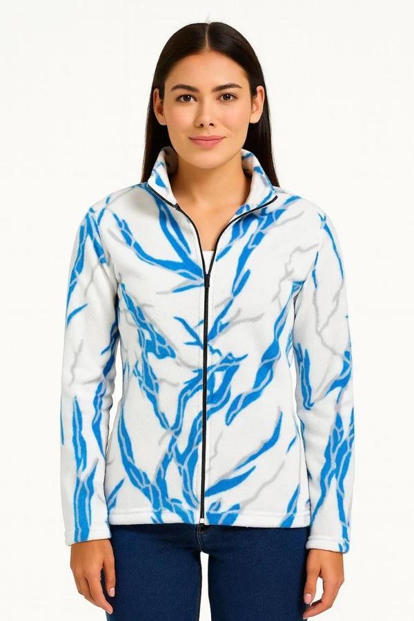 Kadın Tam Fermuarlı Desenli Polar Sweat Lightning Desen Yakalı, Uzun Kollu, Oversize Rahat Kalıp - B - Image 1