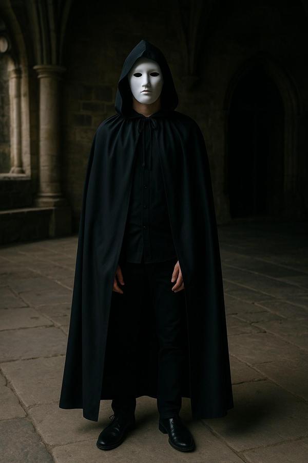 Beyaz Maske ve Siyah Kapüşonlu Pelerin Gizemli Kostüm Kombinasyonu Seti - 120 CM - Image 1