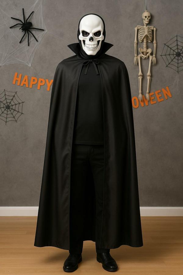 Cadılar Bayramı Halloween Siyah Yakalı 120 cm Pelerin + Kafatası Kurukafa Maske Kostüm Seti - Image 1