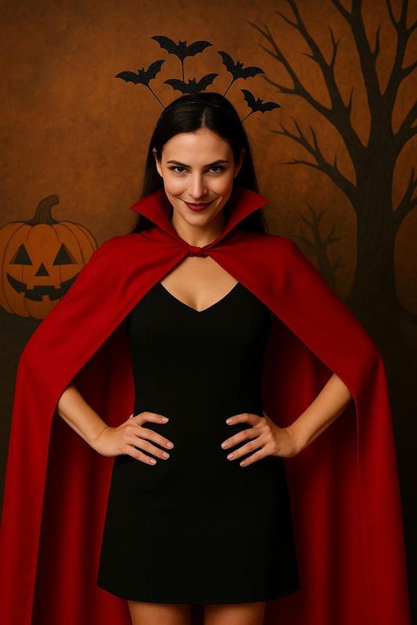 Cadılar Bayramı Kırmızı Yakalı Pelerin & Yarasalı Siyah Tüylü Taç Seti – Şeytani Vampir Kostüm Seti - Image 1