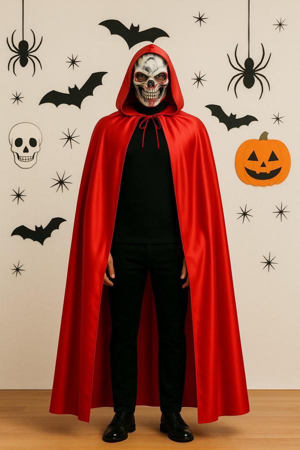 Kanlı İskelet Maske ve Kapüşonlu Kırmızı Pelerin Kostüm Seti – Yetişkin Halloween Kıyafeti - 120 CM - Image 1