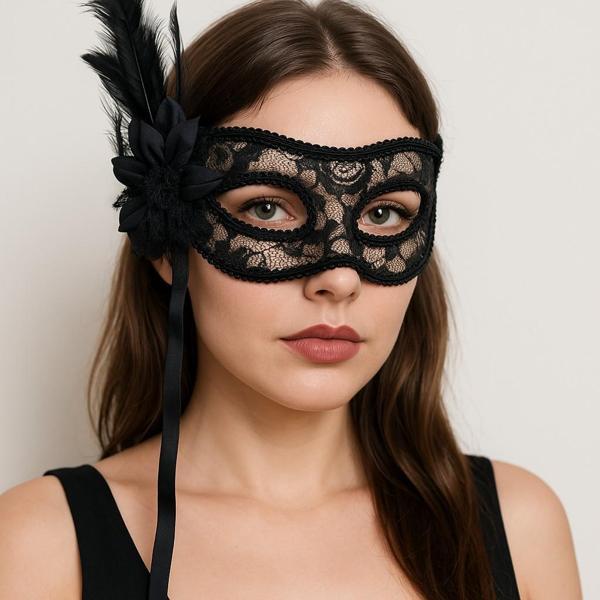 Dantel Temalı Tüllü Kuş Tüylü Çiçekli Maske Siyah Göz Maskesi Şık Parti Kostüm Aksesuarı - Image 1