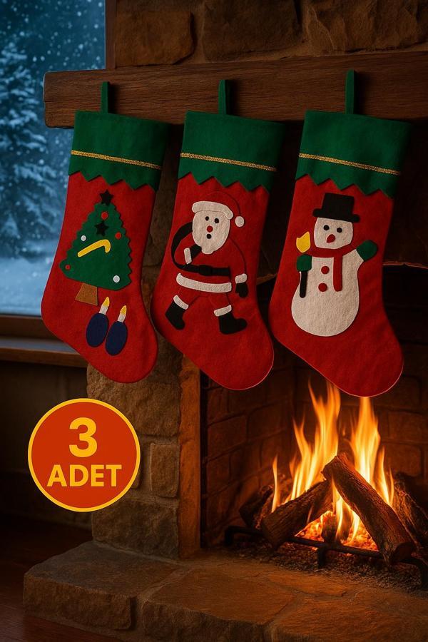 Keçeden Yılbaşı Çorabı Seti Üçlü Noel Baba Kardan Adam Ağaç Desenli Şömine Süsü Dekoratif Ürün - Image 1