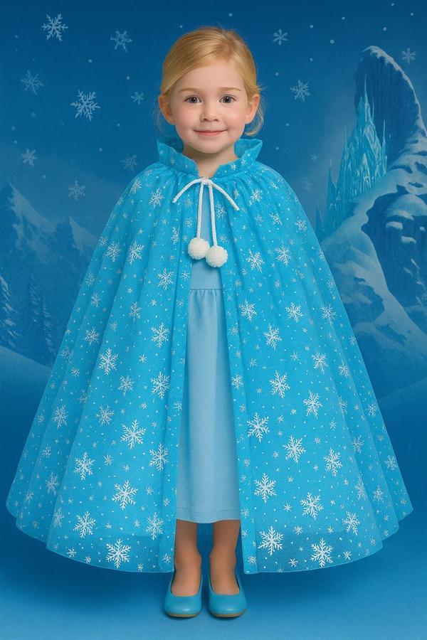 Frozen Elsa Tarzı 80 CM Mavi Kar Taneli Pelerin – Kız Çocuk Kostüm Temalı Parti Aksesuarı 5-9 Yaş - Image 1