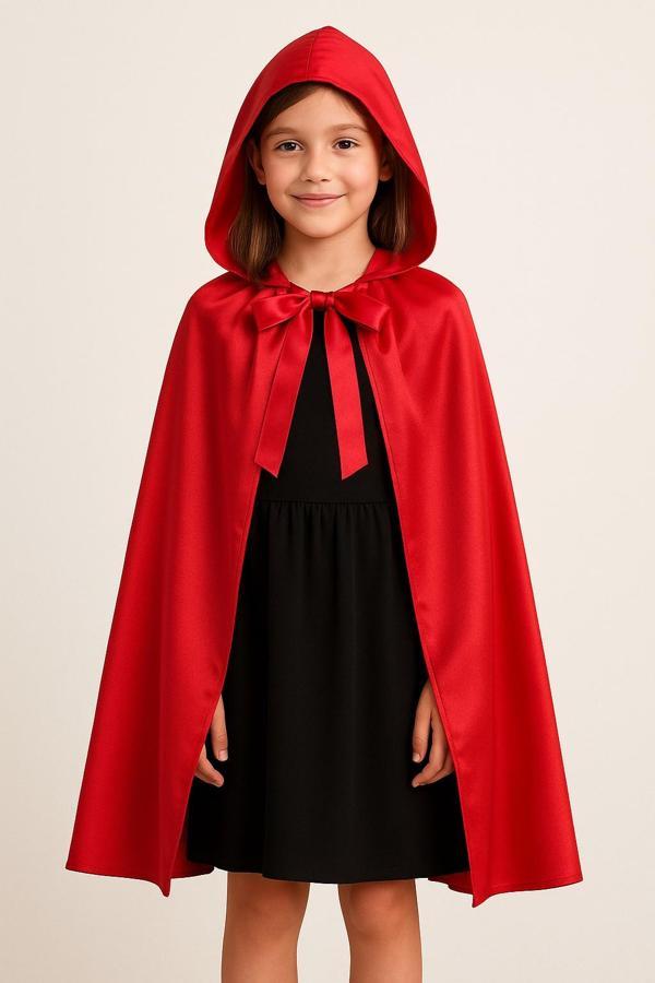 Kırmızı Başlıklı Kız Kostümü – Kırmızı Kapüşonlu 90 cm Pelerin (6-10 Yaş) - Image 1