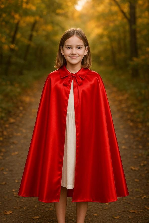 Kırmızı Yakalı Bağlamalı Çocuk Pelerini 90 cm Masal Kostümü – Kırmızı Yakalı Pelerin (6-10 Yaş) - Image 1