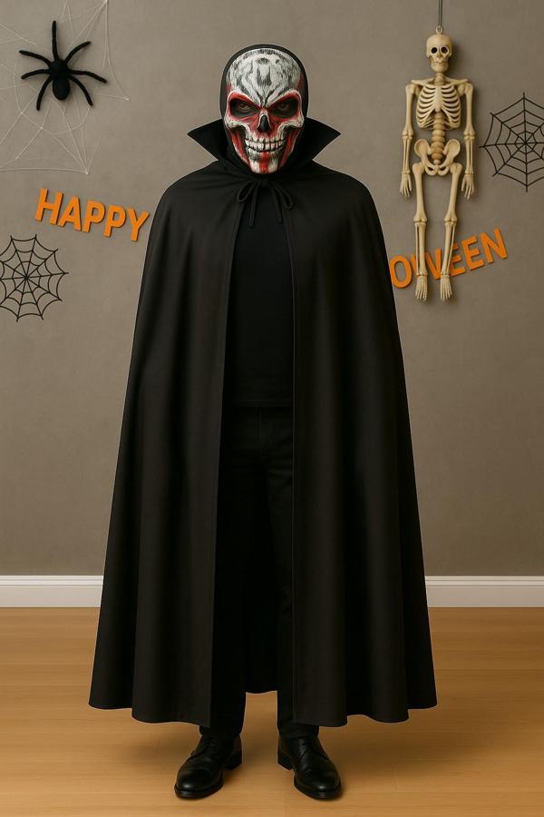 Korkunç Kafatası Maske ve 120 cm Yakalı Siyah Pelerin Seti – Yetişkin Halloween Kostümü - Image 1