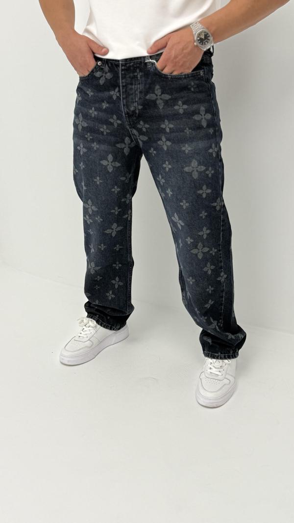 Hope Baggy Denim Koyu Mavi Lazer Baskı Detaylı Erkek Jean Pantolon - Image 1