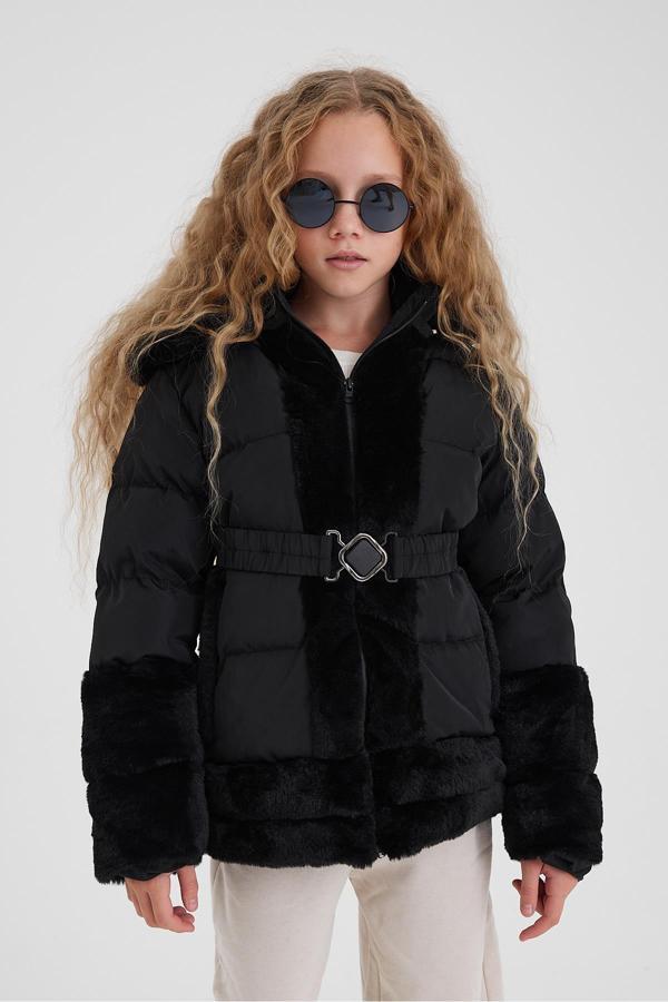 Sivaist Siyah Peluş Detaylı İçi Kürklü Kalın Şişme Kız Çocuk Mont&Kaban - Image 1