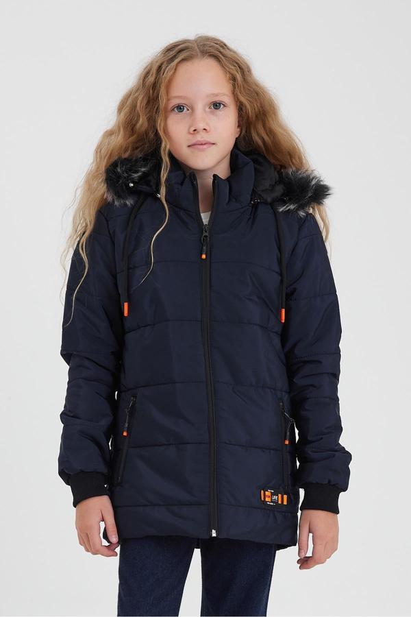 Sivaist Lacivert Kız Çocuk Su Ve Rüzgar Geçirmez Çıkartılabilir Kapüşonlu Yıkanabilir Içi Kürklü Mon - Image 1