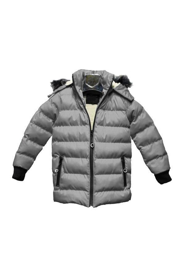 Sivaist Gri Çıkarılabilir Kapişonlu Kürklü Su Geçirmez Erkek Çocuk Mont&Kaban - Image 1