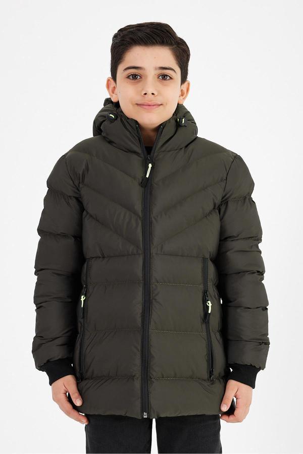 Sivaist Yeşil Erkek Çocuk Sabit Kapüşonlu Şişme Deri Karışımlı Kumaş Mont&Kaban - Image 1