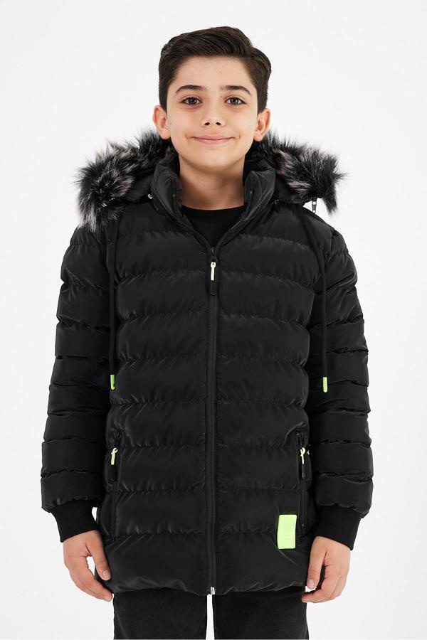 Sivaist Siyah Erkek Çocuk Çıkartılabilir Kapüşonlu Şişme Deri Karışımlı Kumaş Mont&Kaban - Image 1