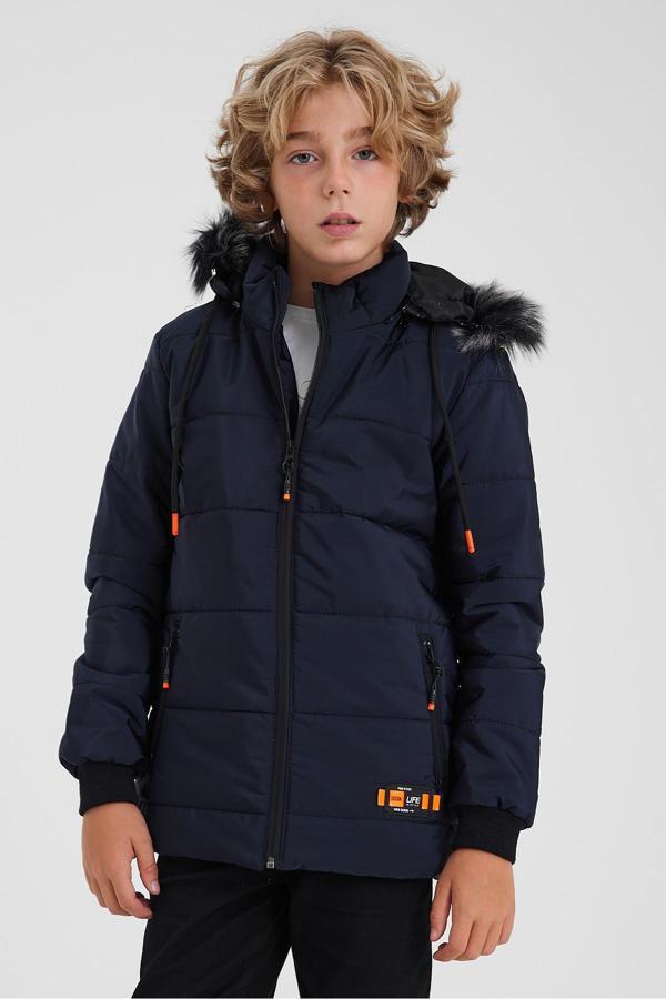 Sivaist Lacivert Erkek Çocuk Su Ve Rüzgar Geçirmez Kapüşonlu Yıkanabilir Içi Kürklü Mont & Kaban - Image 1