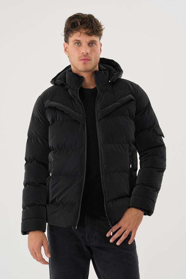 Sivaist Erkek Siyah Su Ve Rüzgar Geçirmez Kürklü Çıkartılabilir Kapüşonlu Mont&Kaban - Image 1