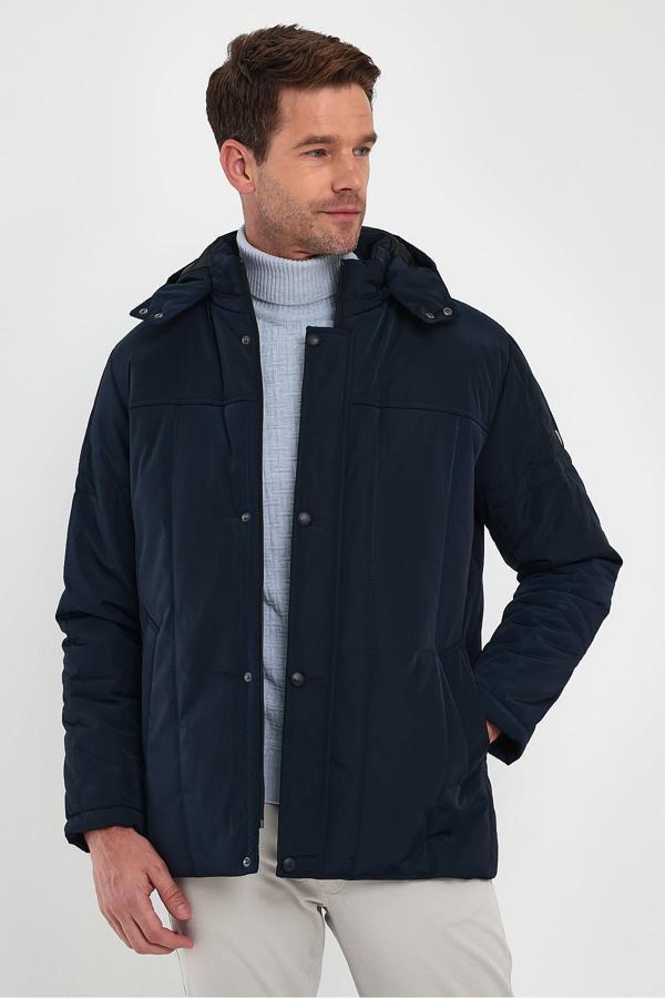 Sivaist Erkek Lacivert Standart Fit Normal Kesim Çıkmalı Kapüşon Dik Yaka Mont - Image 1