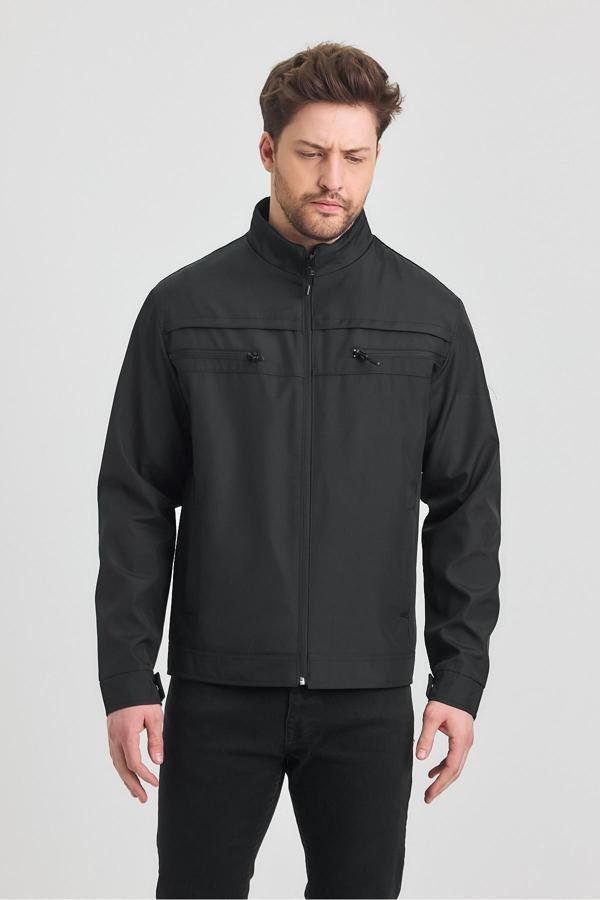 Sivaist Siyah Erkek Pamuk Polyester Karışımlı Çift Göğüs Fermuarlı Su Ve Rüzgar Geçirmez Mevsimlik&Yazlık Mo - Image 1