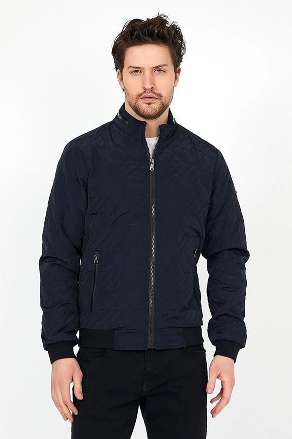 Sivaist Yeni Sezon Erkek Lacivert Mevsimlik Triko Ve Deri Biye Detaylı Fermuarlı İç Cepli Mont&Ceket - Image 1