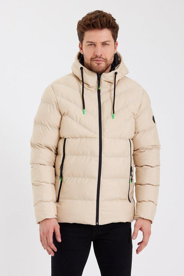 Sivaist Yeni Sezon Erkek Krem Su Ve Rüzgar Geçirmez Kapüşonlu Kalın İçi Kürklü Şişme Kaban&Mont - Image 1