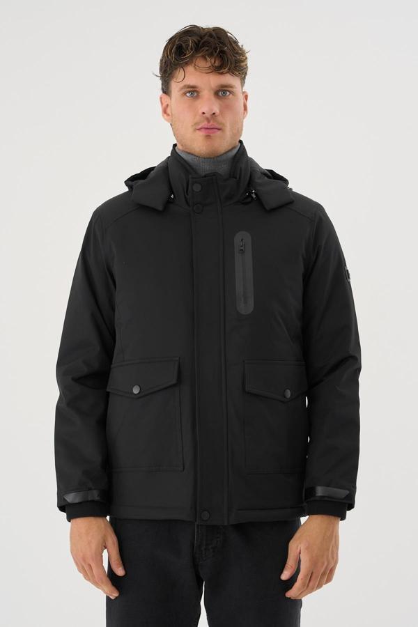 Sivaist Erkek Siyah Su Ve Rüzgar Geçirmez Çıkartılabilir Kapüşonlu Mont&Kaban - Image 1