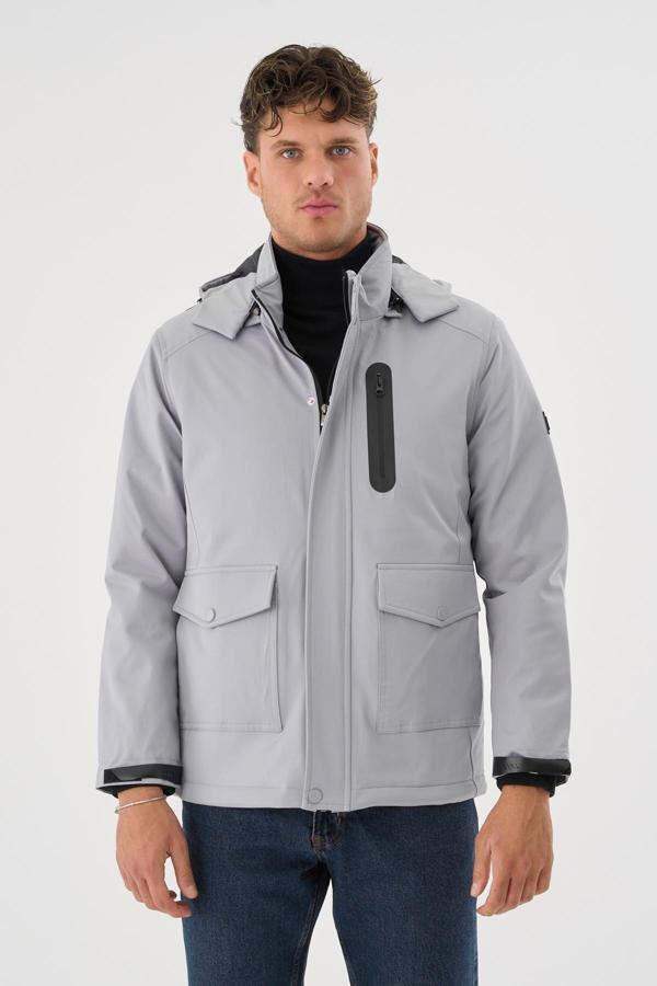Sivaist Erkek Gri Su Ve Rüzgar Geçirmez Çıkartılabilir Kapüşonlu Mont&Kaban - Image 1