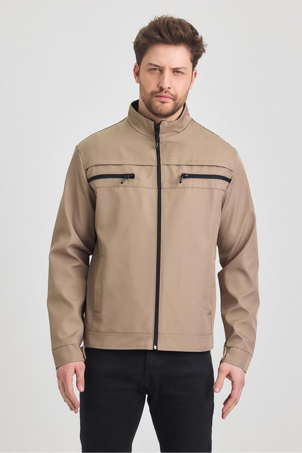 Sivaist Bej Erkek Pamuk Polyester Karışımlı Çift Göğüs Fermuarlı Su Ve Rüzgar Geçirmez Mevsimlik&Yazlık Mont - Image 1