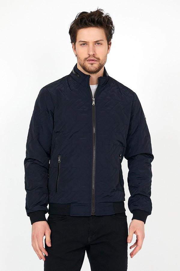 Sivaist Yeni Sezon Erkek Lacivert Mevsimlik Triko Ve Deri Biye Detaylı Fermuarlı Iç Cepli Mont&Ceket - Image 1