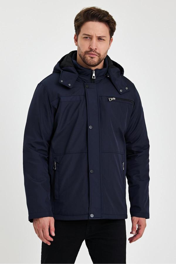 Sivaist Lacivert İçi Kalın Kürklü Çıkartılabilir Kapüşonlu Fermuar Çepli Rüzgar Ve Su Geçirmez Mont&Kaban - Image 1