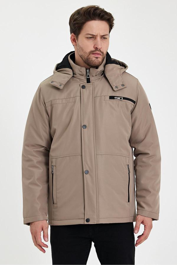 Sivaist Krem İçi Kalın Kürklü Çıkartılabilir Kapüşonlu Fermuar Çepli Rüzgar Ve Su Geçirmez Mont&Kaban - Image 1