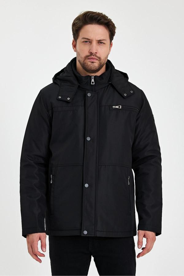 Sivaist Siyah İçi Kalın Kürklü Çıkartılabilir Kapüşonlu Fermuar Çepli Rüzgar Ve Su Geçirmez Mont&Kaban - Image 1