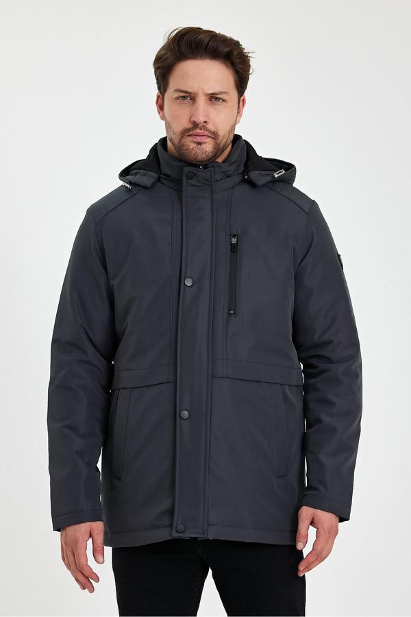 Sivaist Gri İçi Kalın Kürklü Çıkartılabilir Kapüşonlu Rüzgar Ve Su Geçirmez Mont&Kaban - Image 1