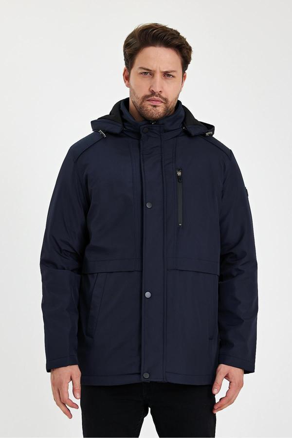 Sivaist Lacivert İçi Kalın Kürklü Çıkartılabilir Kapüşonlu Rüzgar Ve Su Geçirmez Mont&Kaban - Image 1