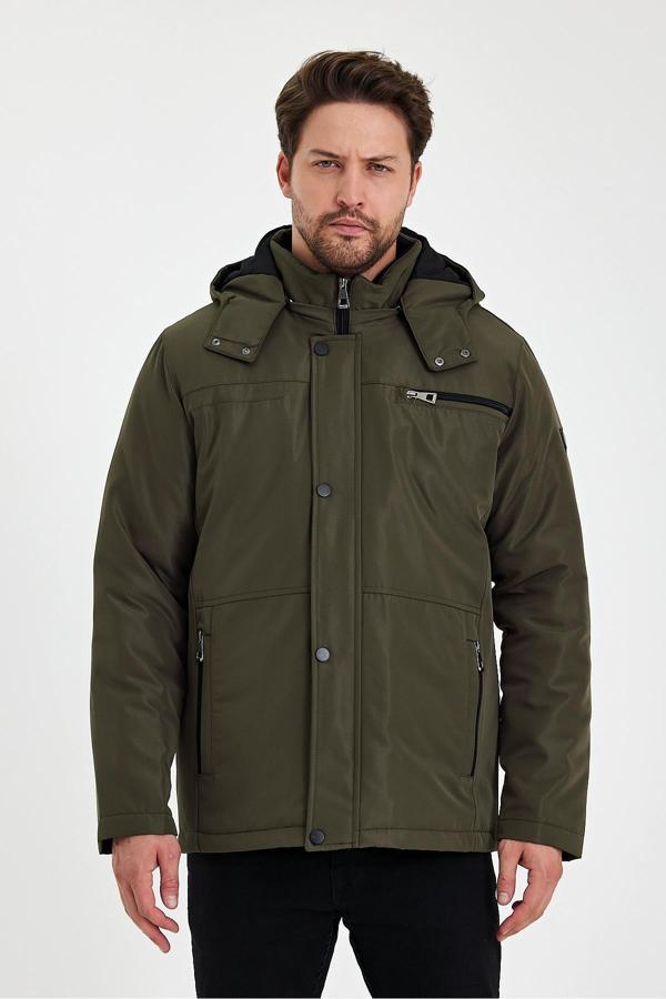 Sivaist Yeşil İçi Kalın Kürklü Çıkartılabilir Kapüşonlu Fermuar Çepli Rüzgar Ve Su Geçirmez Mont&Kaban - Image 1