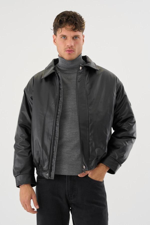 Sivaist Erkek Siyah Deri Oversize Basic Mont&Ceket - Image 1