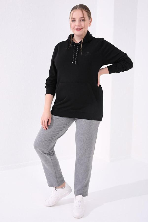 Gri Melanj Cepli Rahat Form Klasik Paça Kadın Büyük Beden Eşofman Alt - 94014 - Image 1