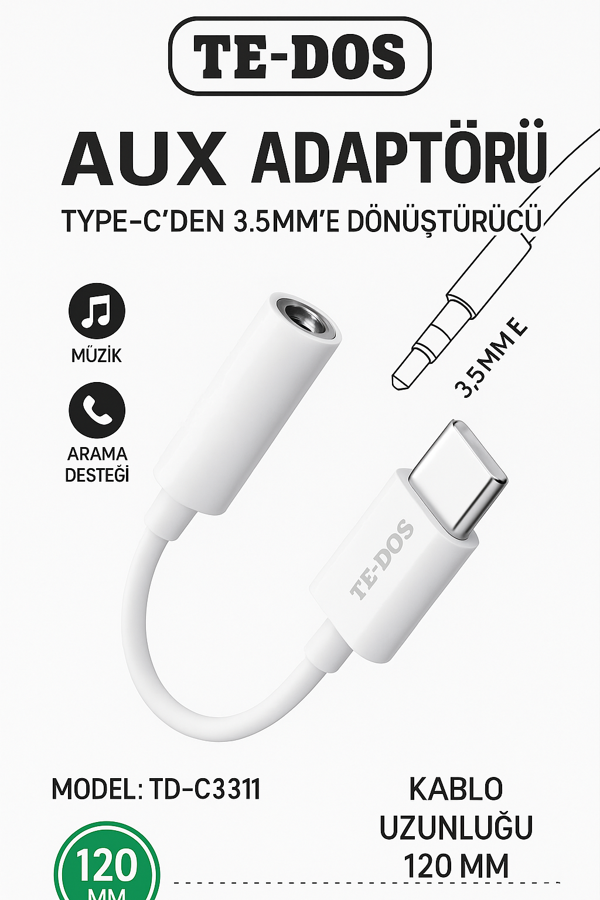 TD-C3311 Type-C’den 3.5mm’e AUX Ses Adaptörü Yüksek Ses Kalitesi Müzik Arama Desteği Dayanıklı Kablo - Image 1