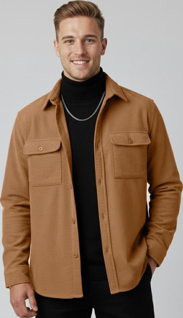 DeepSEA Camel Cepli Likralı Kadife Kumaş Rahat Kesim Erkek Gömlek – Yumuşak Dokulu, Şık Tasarım Gömlek 2600759 - Image 1