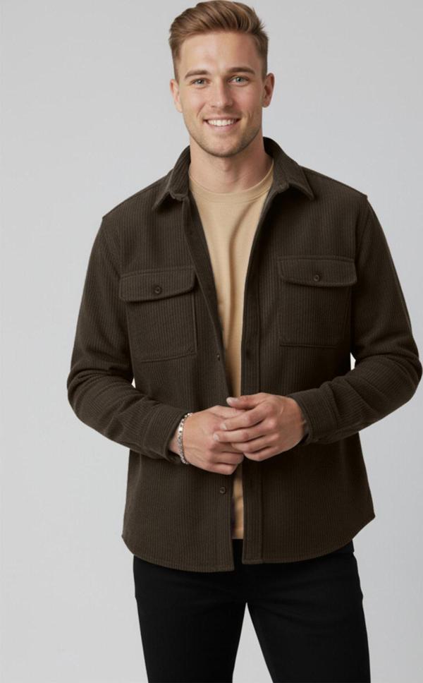 DeepSEA Kahve Cepli Likralı Kadife Kumaş Rahat Kesim Erkek Gömlek – Yumuşak Dokulu, Şık Tasarım Gömlek 2600759 - Image 1