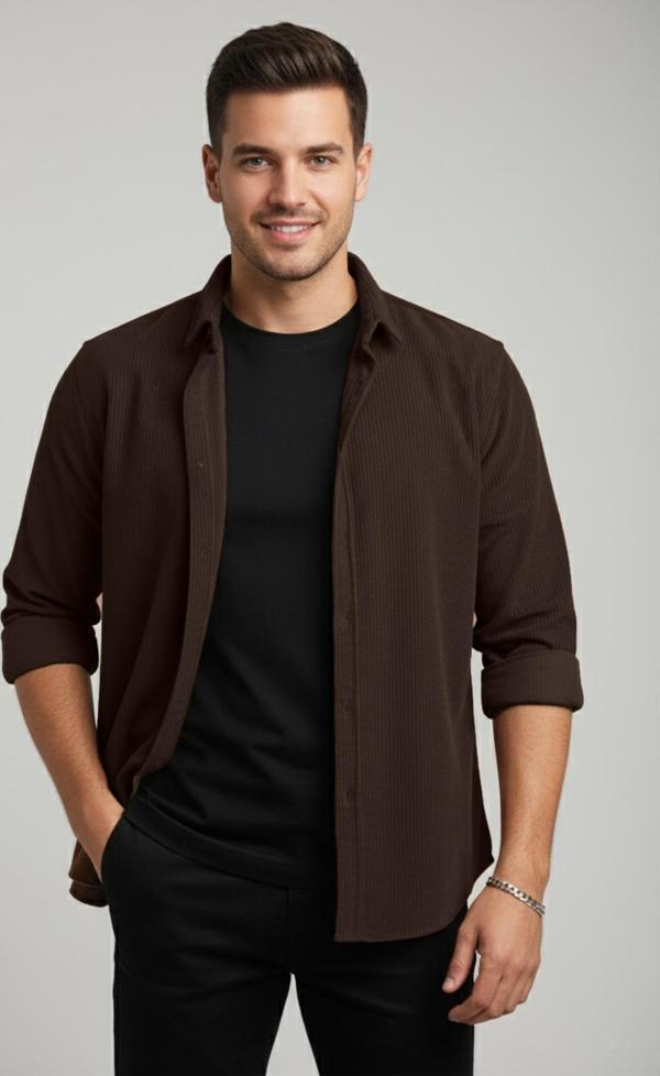 DeepSEA Erkek Kahve Kadife Fitilli Rahat Kesim Gömlek Yumuşak Dokulu Likralı Kadife Gömlek 2600758 - Image 1