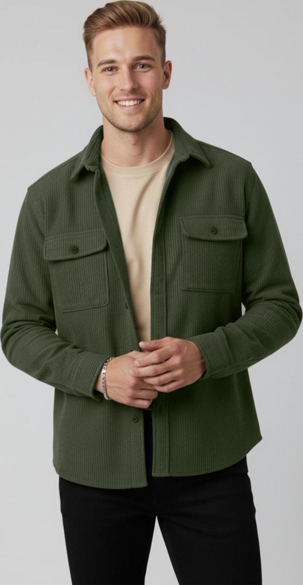 DeepSEA Yeşil Cepli Likralı Kadife Kumaş Rahat Kesim Erkek Gömlek – Yumuşak Dokulu, Şık Tasarım Gömlek 2600759 - Image 1