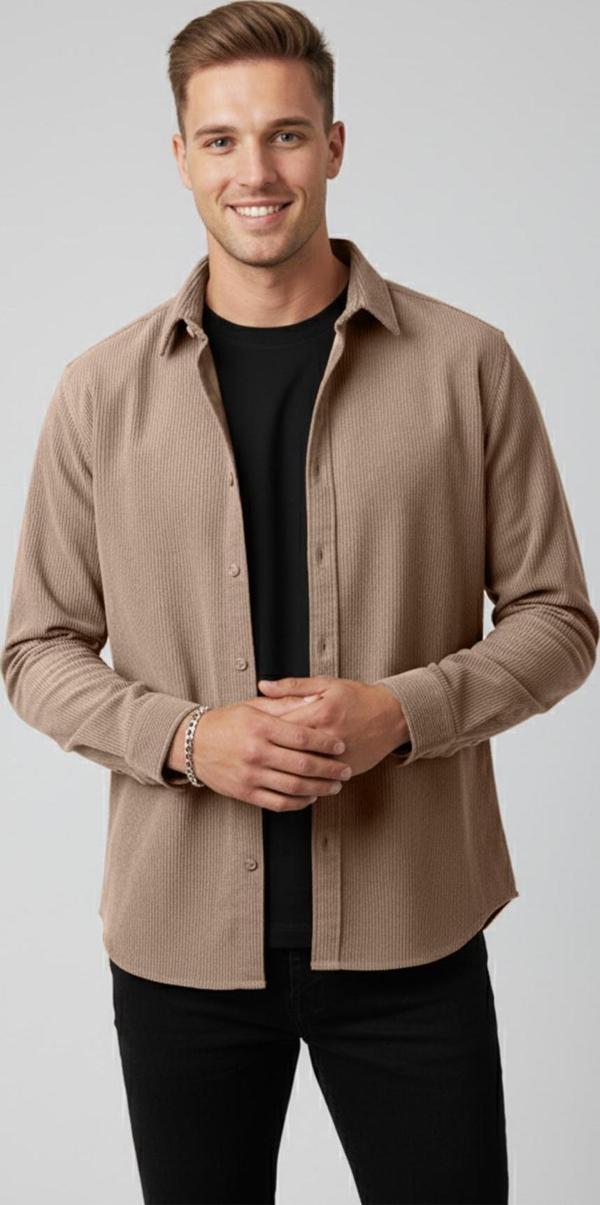 DeepSEA Erkek Bej Kadife Fitilli Rahat Kesim Gömlek Yumuşak Dokulu Likralı Kadife Gömlek 2600758 - Image 1
